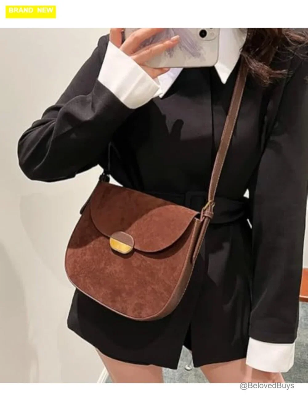 Faux Suede Crossbody Bag with Detachable Shoulder Strap Saddle Satchel